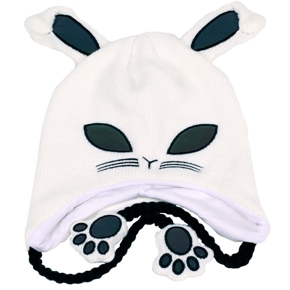 Bunny‎ Rabbit Knit Beanie Hat Cap Reflective 3D Paws Tassels Black White NWT